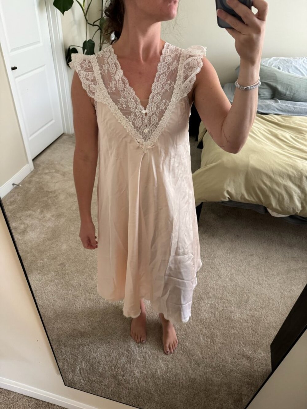 Vintage Christian Dior Blush Pink Satin Nightgown with Ruffle Lace Details